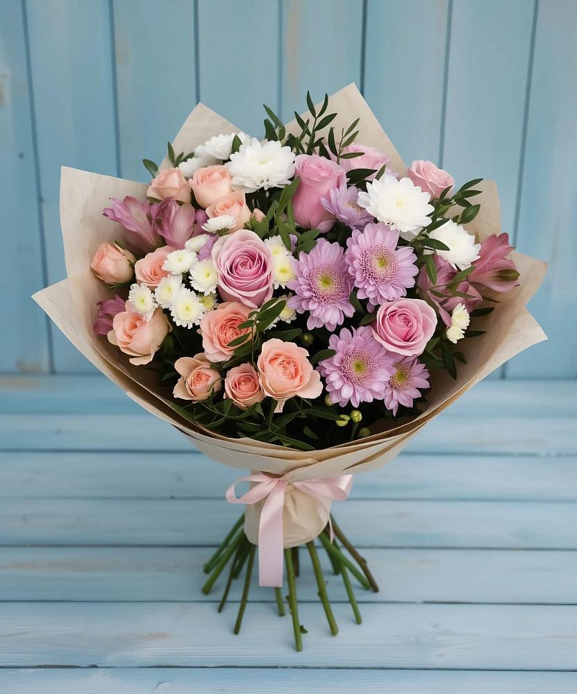 Букет цветов из: Хризантемы, Розы и Альстромерии в Майском
