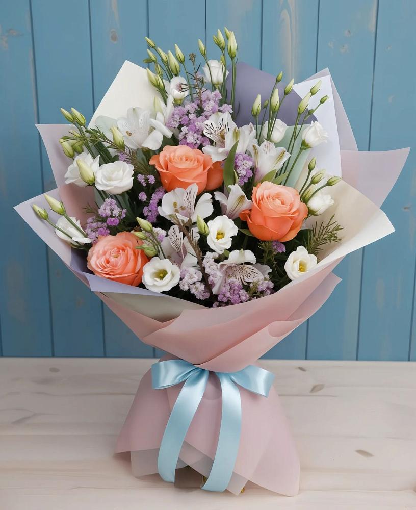 Букет цветов из: Лизиантусы, Розы, Альстромерии и Гипсофила в Майском