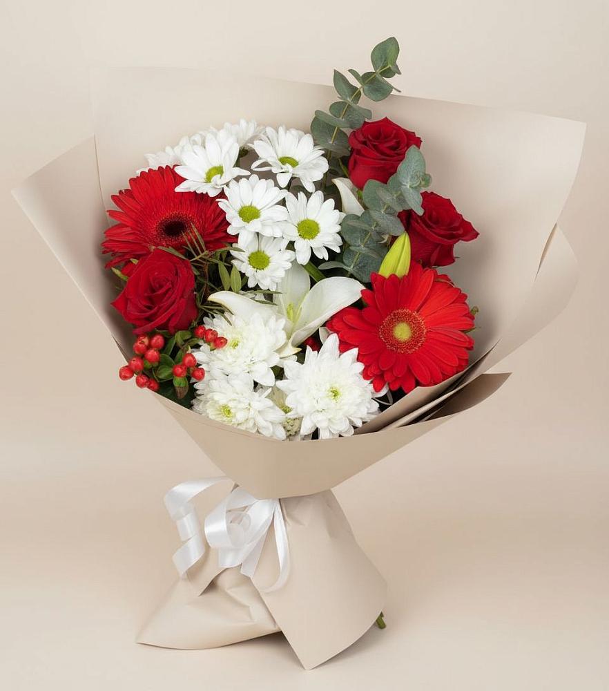 Букет цветов из: Розы, Хризантемы, Герберы и Лилии в Майском
