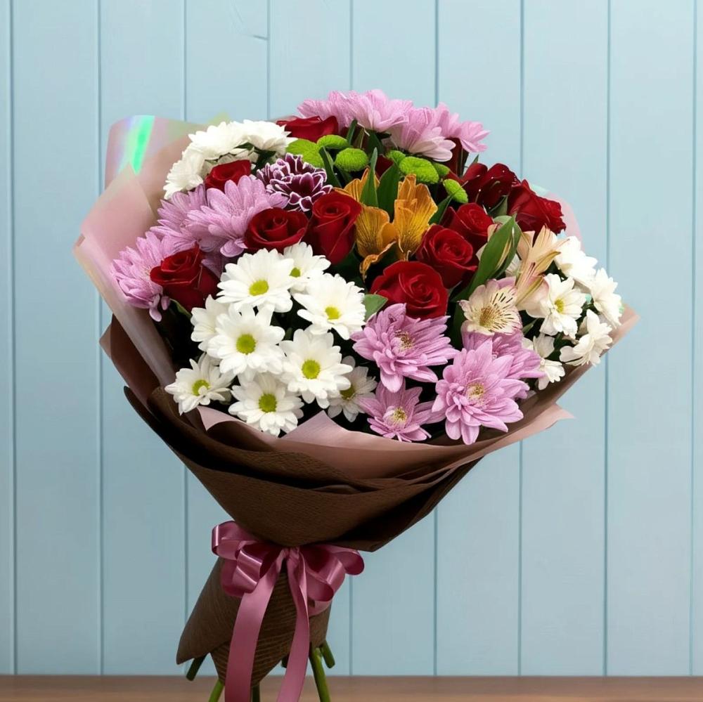 Букет цветов из: Розы, Хризантемы и Альстромерии в Майском