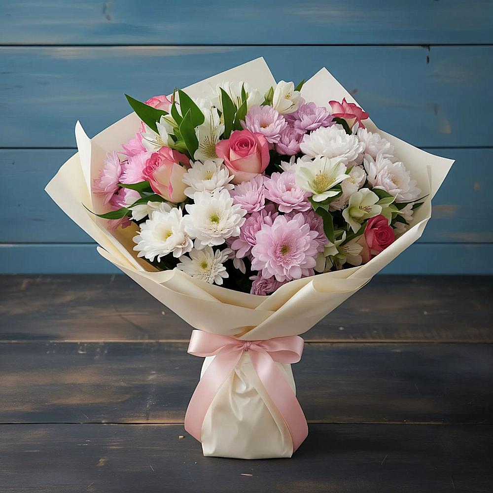 Букет цветов из: Хризантемы, Альстромерии и Розы в Майском